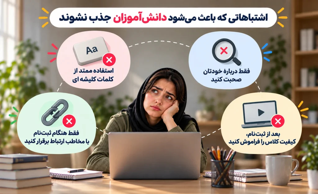چگونه دانش آموز بیشتری برای کلاس آنلاین جذب کنیم؟ 12 نکته طلایی برای جذب دانش آموز 8 اشتباهاتی که باعث می شود دانش آموزان جذب نشوند